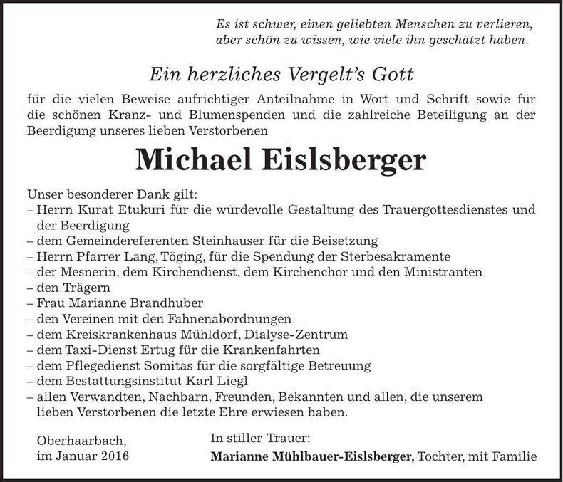 Traueranzeige Michael Eiselsberger