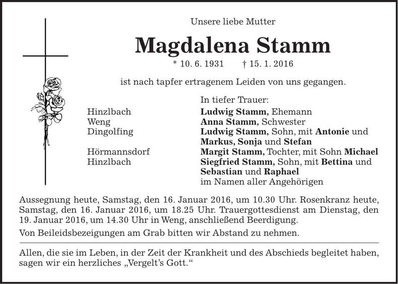 Traueranzeige Magdalena Stamm