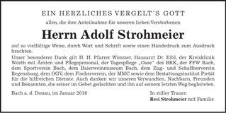 Traueranzeige Adolf Strohmeier