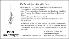 Traueranzeige Peter Brenninger