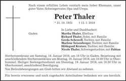 Traueranzeige Peter Thaler