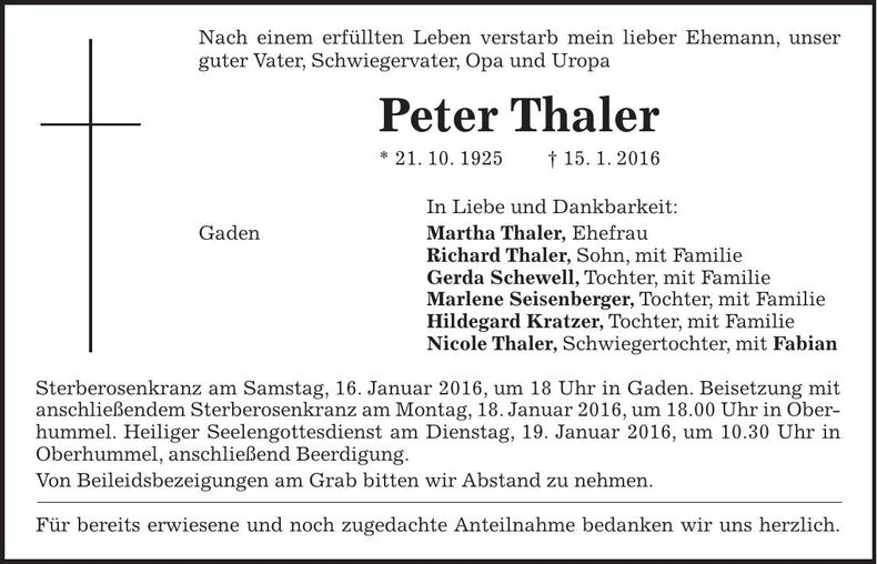 Traueranzeige Peter Thaler