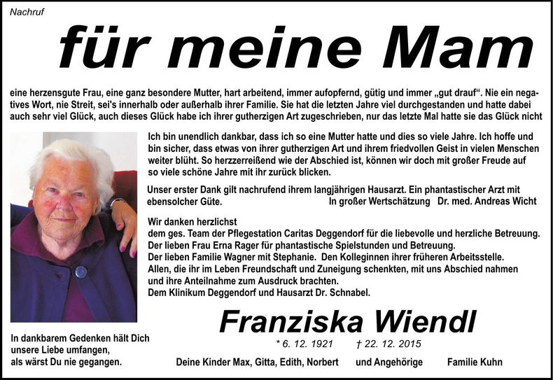 Traueranzeige Franziska Wiendl