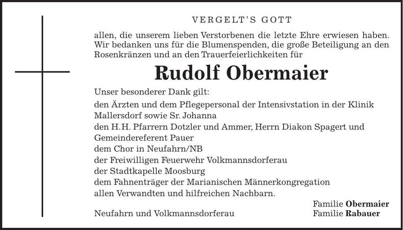Traueranzeige Rudolf Obermaier