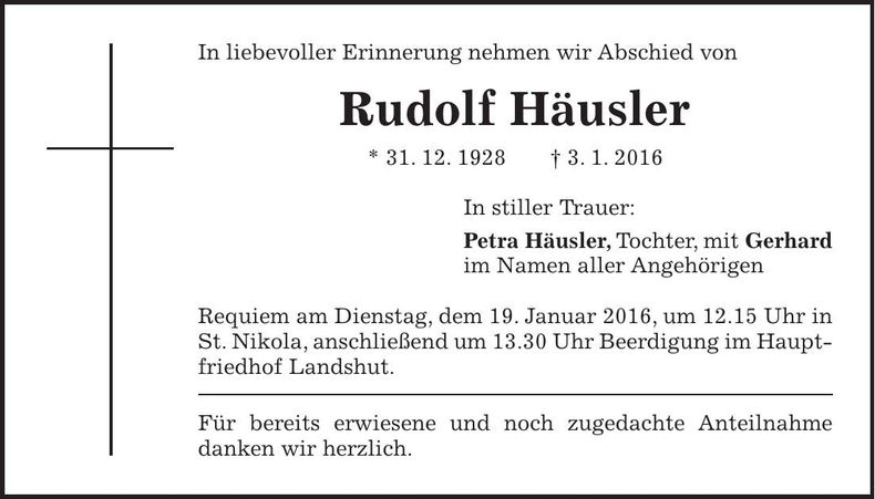 Traueranzeige Rudolf Häusler