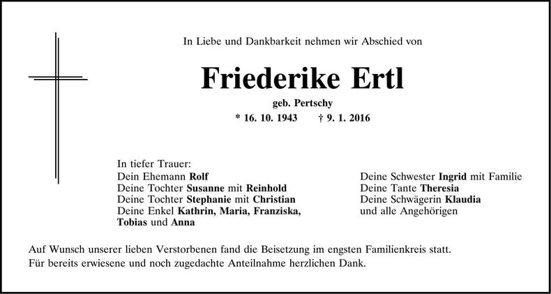 Traueranzeige Friederike Ertl