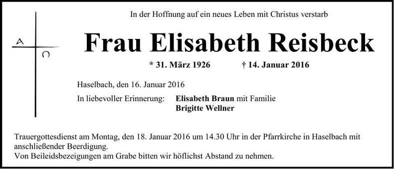 Traueranzeige Elisabeth Reisbeck