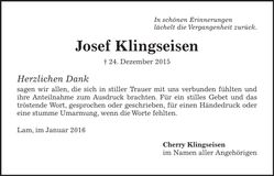 Traueranzeige Josef Klingseisen