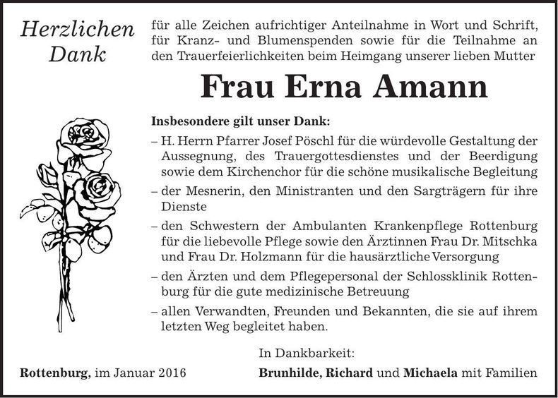 Traueranzeige Erna Amann