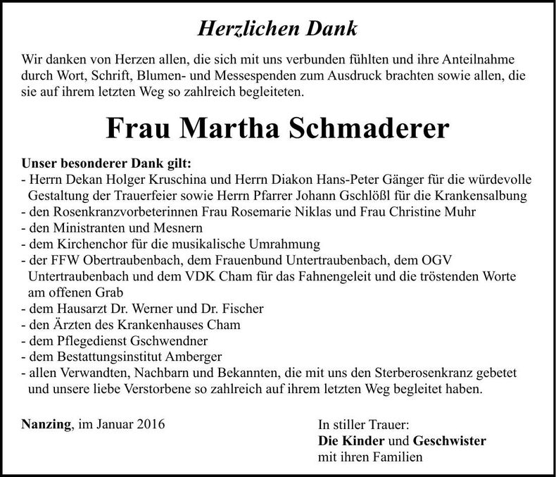 Traueranzeige Martha Schmaderer