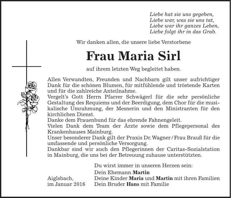 Traueranzeige Maria Sirl