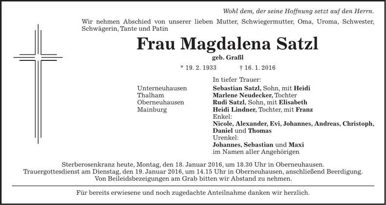 Traueranzeige Magdalena Satzl