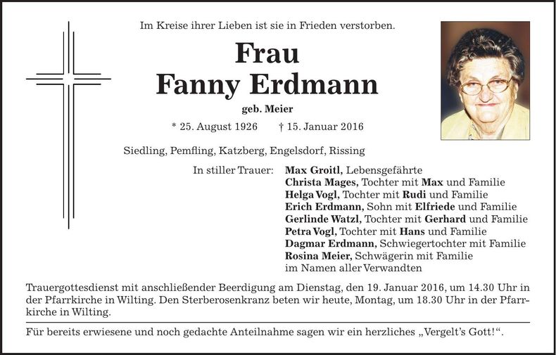 Traueranzeige Fanny Erdmann