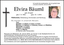 Traueranzeige Elvira Bäuml