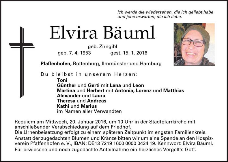 Traueranzeige Elvira Bäuml