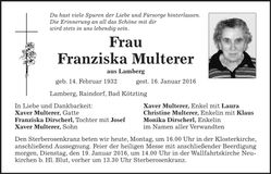 Traueranzeige Franziska Multerer