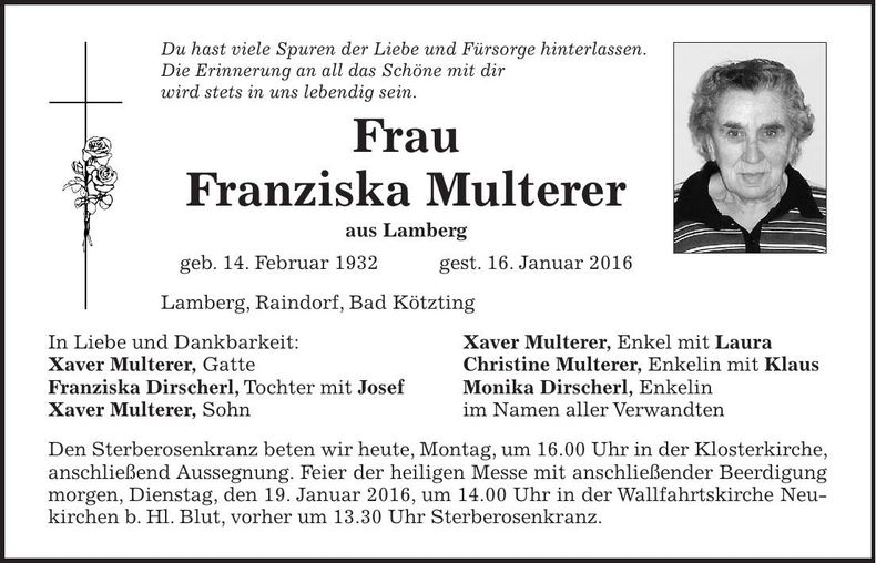 Traueranzeige Franziska Multerer