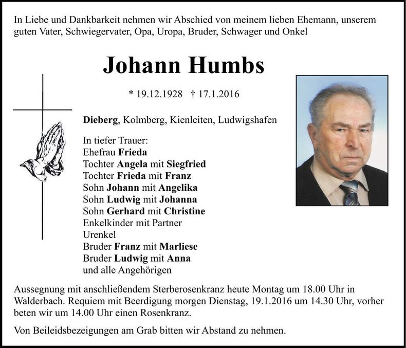 Traueranzeige Johann Humbs