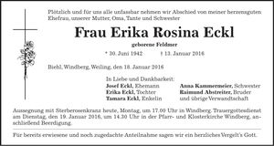 Traueranzeige Erika Rosina Eckl