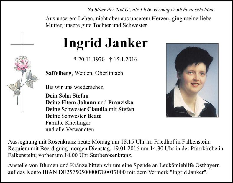 Traueranzeige Ingrid Janker