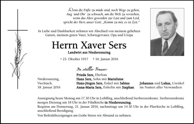 Traueranzeige Xaver Sers