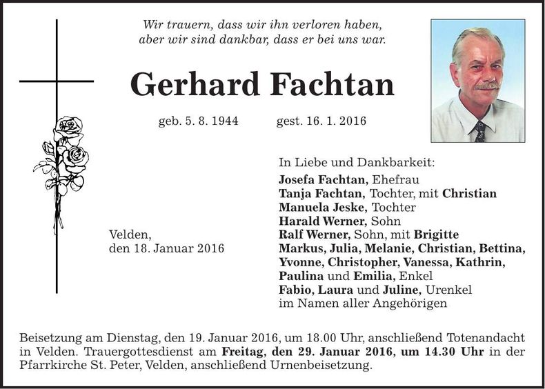 Traueranzeige Gerhard Fachtan