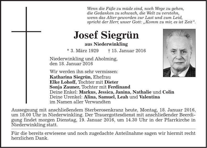 Traueranzeige Josef Siegrün