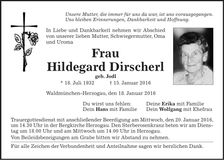 Traueranzeige Hildegard Dirscherl