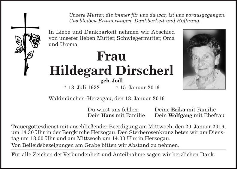 Traueranzeige Hildegard Dirscherl