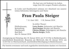 Traueranzeige Paula Steiger