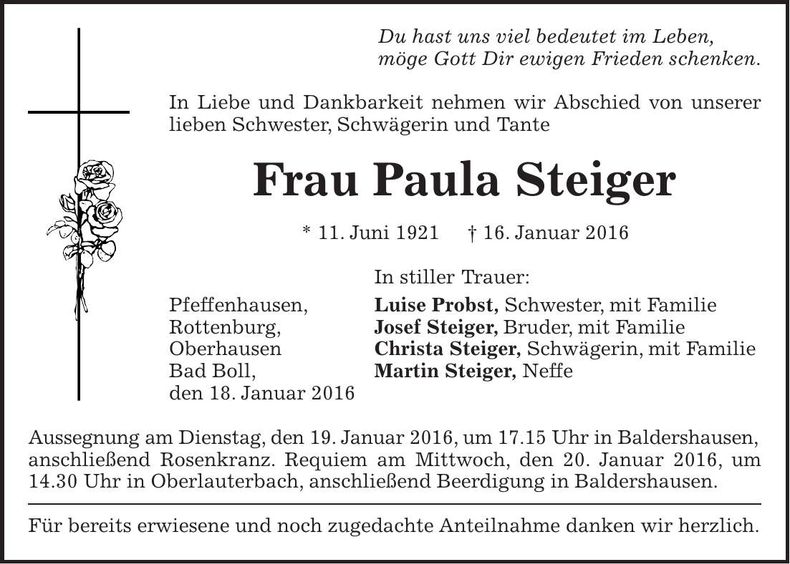 Traueranzeige Paula Steiger