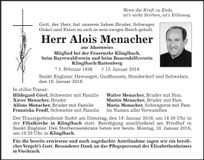 Traueranzeige Alois Menacher