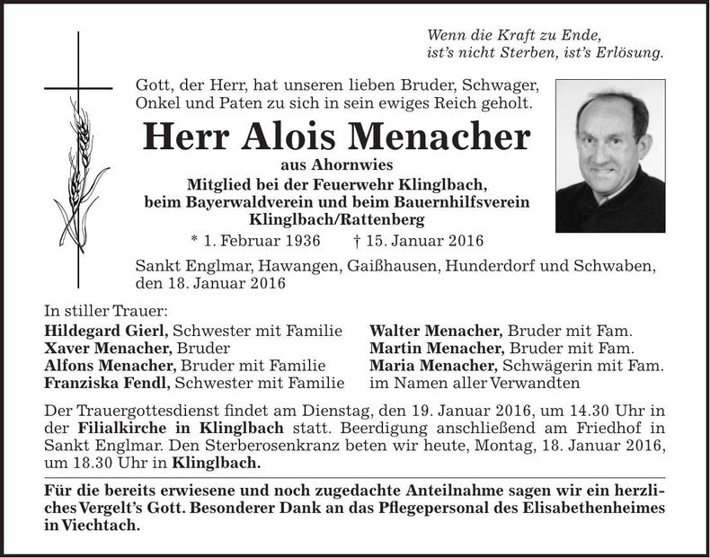 Traueranzeige Alois Menacher