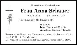 Traueranzeige Anna Schauer