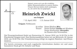 Traueranzeige Heinrich Zwickl