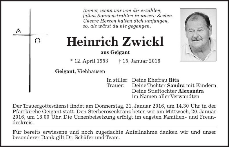 Traueranzeige Heinrich Zwickl