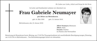 Traueranzeige Gabriele Neumayer