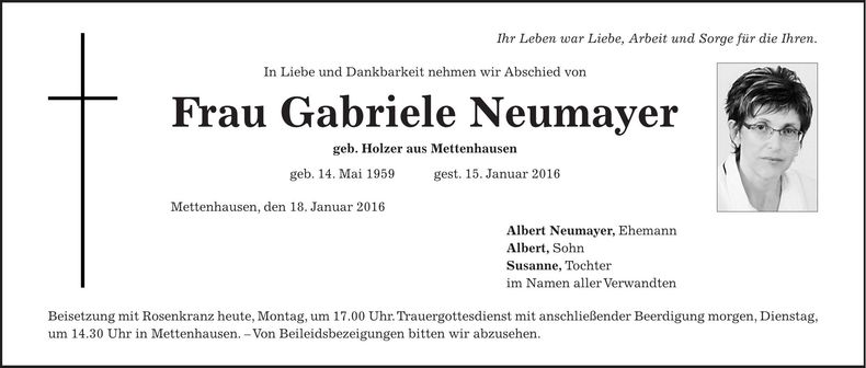 Traueranzeige Gabriele Neumayer