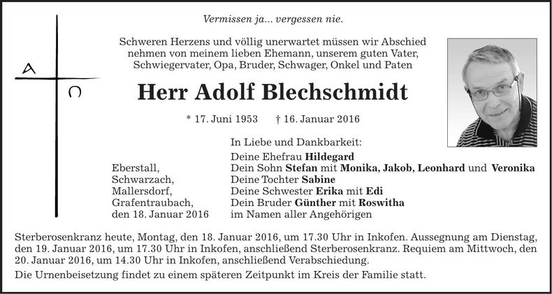 Traueranzeige Adolf Blechschmidt