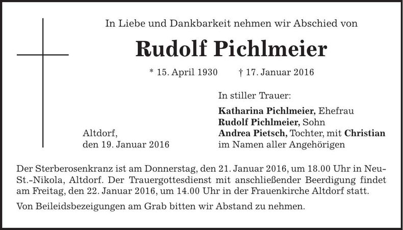 Traueranzeige Rudolf Pichlmeier