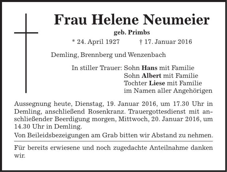 Traueranzeige Helene Neumeier