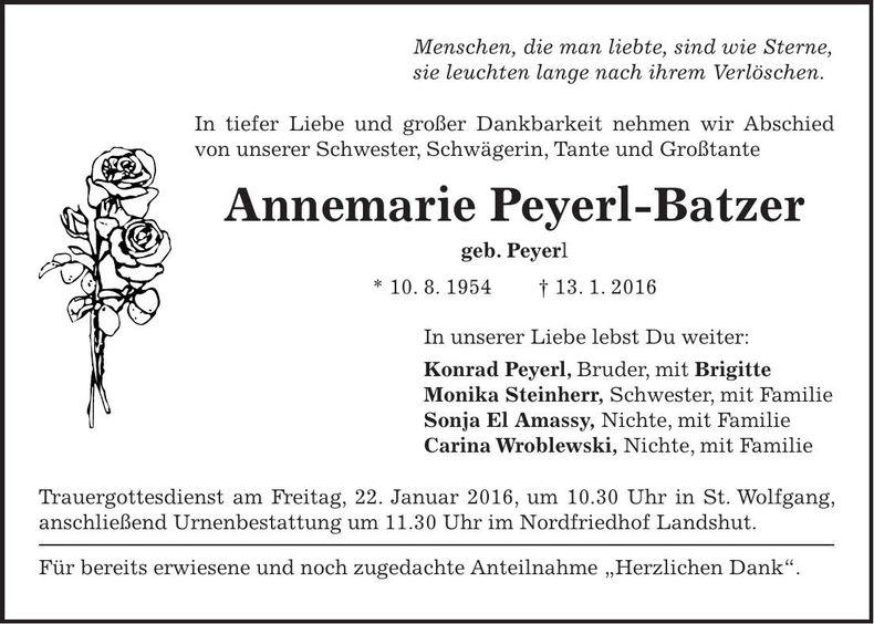 Traueranzeige Annemarie Peyerl-Batzer