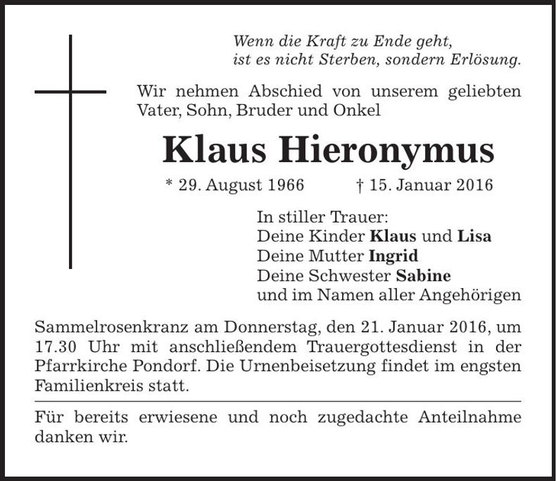 Traueranzeige Klaus Hieronym us