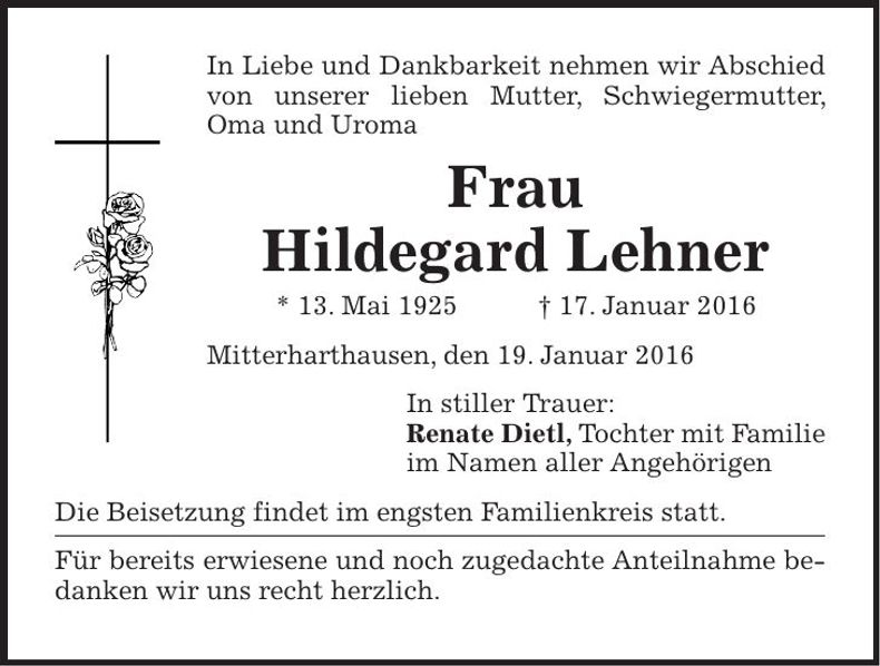Traueranzeige Hildegard Lehner