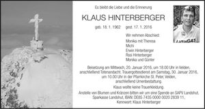 Traueranzeige Klaus Hinterberger