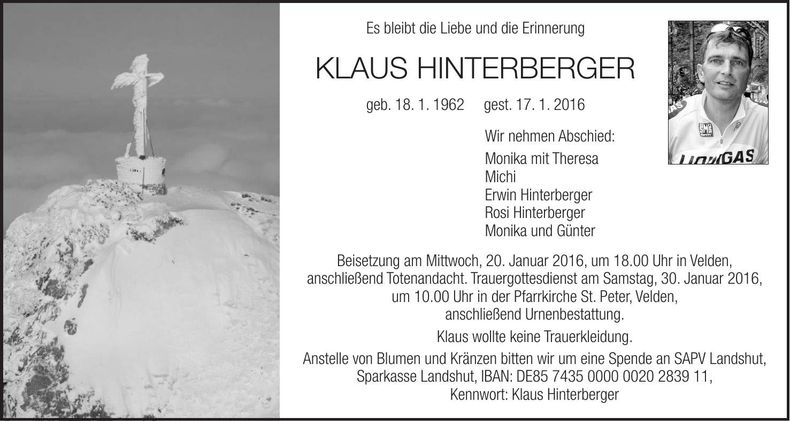 Traueranzeige Klaus Hinterberger
