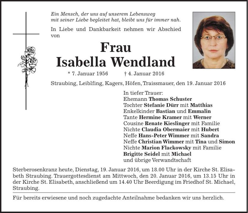 Traueranzeige Isabella Wendland