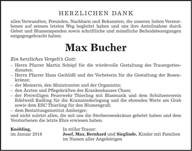 Traueranzeige Max Bucher