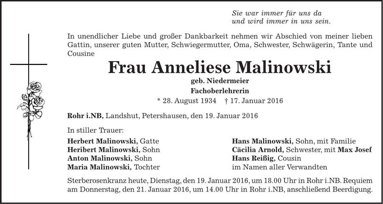 Traueranzeige Anneliese Malinowski