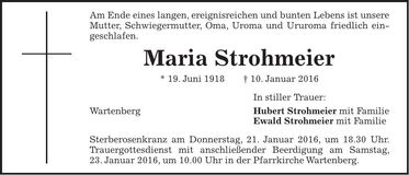 Traueranzeige Maria Strohmeier